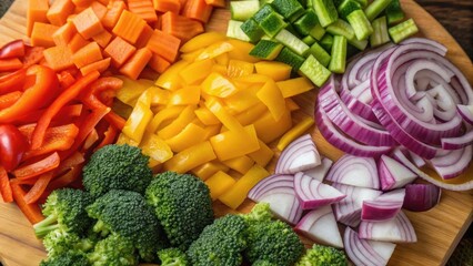 Food planning low carbon concept. Colorful chopped vegetables arranged neatly on a wooden cutting board.