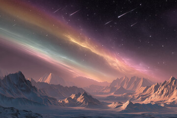 Alien mountain range under vibrant aurora-like sky with stars and meteor trails, surreal landscape illustration for science fiction or fantasy settings