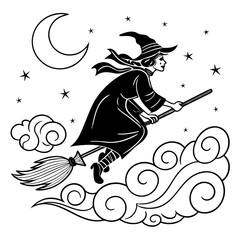 halloween-witch-flying-with-a-magic-broom coloring page vector illustration