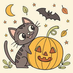 halloween cat with pumpkin, witch coloring page vector illustration