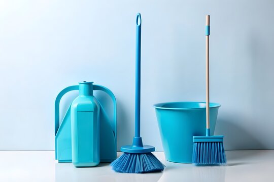 A set of bright blue cleaning tools including a broom, dustpan, bucket, and cleaning solution