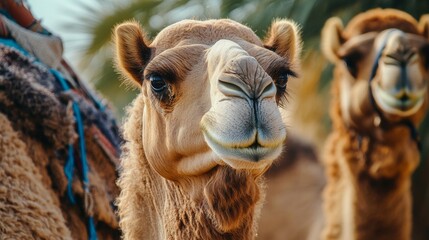Fototapeta premium Camels in their natural habitat, looking curiously towards the camera. Wildlife photography capturing a unique moment of interaction with desert animals.