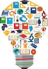 Creative learning concept with lightbulb shape filled with diverse educational objects and symbols for back to school