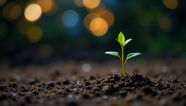 Closeup of small plant growing from soil growth concept fresh start new life hope and future nature bokeh 100char