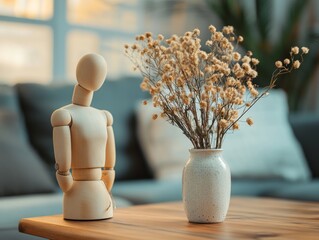 A mannequin figure posed on a couch, with a vase of dried flowers nearby. This could be used for artistic or modeling purposes.