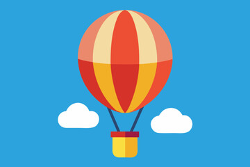Colorful hot air balloon floating above white clouds on a bright blue sky