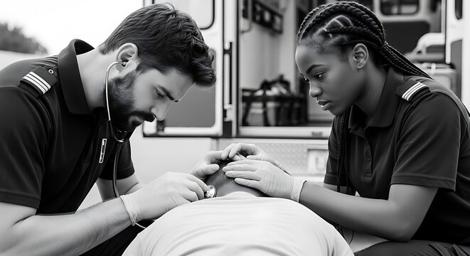Paramedics in uniform provide emergency medical care to a patient