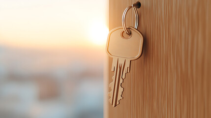 A golden key hangs on a wooden door, bathed in the warm light of the setting sun. The image evokes feelings of home, security, and new beginnings.