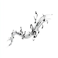 A flowing, abstract design of musical notes, clef symbols, and staves forming a wave-like pattern on a white background.  The notes vary in size and are elegantly scattered along the curving lines
