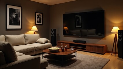 A home theater room featuring a large screen television and comfortable seating.