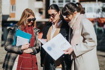 A group of three women collaborate while reviewing printed business charts in an outdoor...