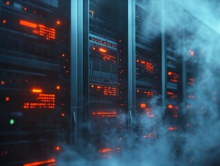 Naklejka premium Inside a high tech server room with large computer servers featuring red light indicators and cooling systems. Highly advanced technology for cloud computing and data processing.