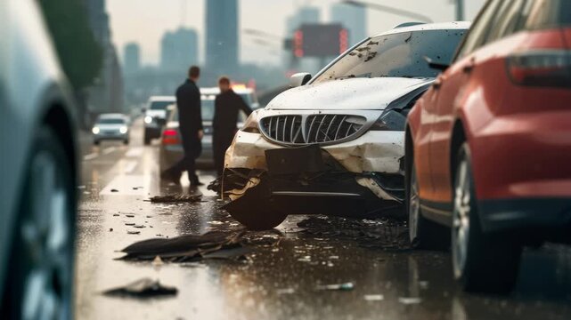 Chaotic Multi-Car Accident on Bustling City Street with Emergency Responders