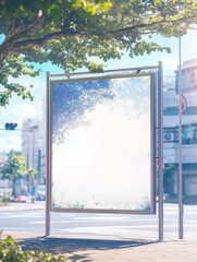 Empty billboard standing on a sidewalk in the city, with blue sky and trees in the background. The sign is surrounded by urban elements.