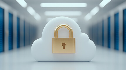 Cloud Security: Golden padlock on cloud representing secure data storage and protection in a data center. Illustrates cybersecurity and data safety.