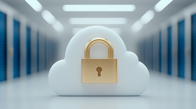 Cloud Security: Golden padlock on cloud representing secure data storage and protection in a data center. Illustrates cybersecurity and data safety.