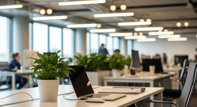 Blurred bokeh lights enhance the modern business feel in this open space office with a wooden table.