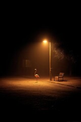 A lone flamingo stands under a solitary streetlight in a foggy, dimly lit nocturnal park setting, a bench sits in the shadows nearby