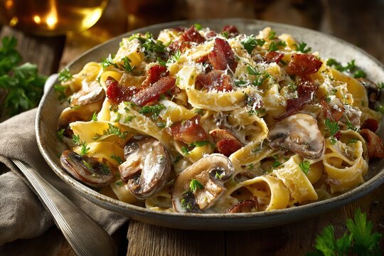 Creamy tagliatelle alla boscaiola with pancetta and mushrooms, warmly lit table