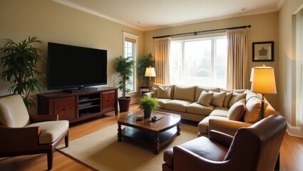 Fototapeta premium Cozy living room with a large television and comfortable seating.