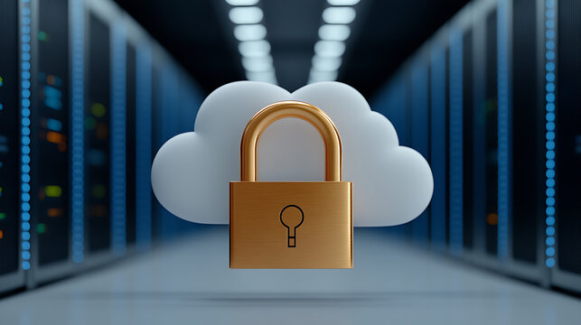 Secured Cloud: A golden padlock safeguarding digital data in a server room, representing secure cloud storage and cybersecurity solutions.