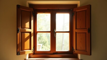 Obraz premium Sunlight streams through a wooden window.