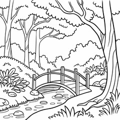 vector illustration of a landscape and bridge black and white coloring page
