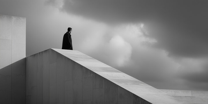 black and white minimalist photo with a black and white background, businessman standing on stairs