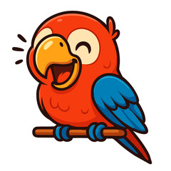 Cartoon parrot laughs heartily while perched on branch
