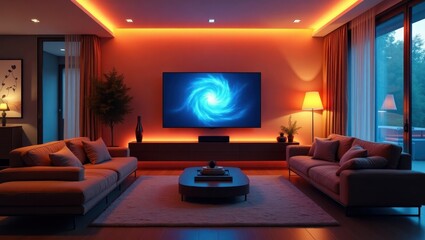 Cozy living room with colorful ambient lighting.