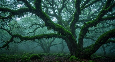 Enchanting moss-covered ancient trees create a mystical forest pathway in ethereal fog