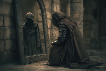 Cursed king kneels before ancient mirror revealing lost noble past reflection