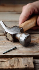 Utilisation d'un marteau pour enfoncer un clou sur une planche en bois brut