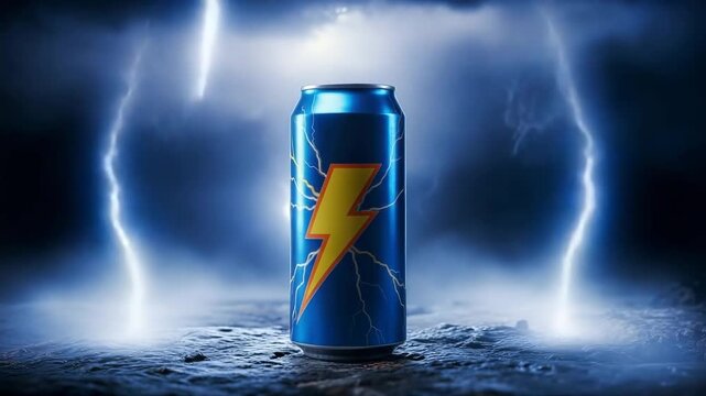 A blue energy drink can with a yellow lightning bolt logo stands prominently amidst a dramatic thunderstorm with bright blue lightning strikes illuminating the dark misty background