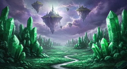 Discover a magical realm with floating castles and giant emerald crystals under a starry sky