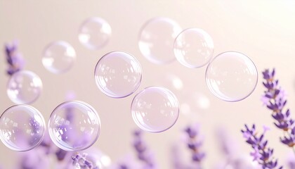 Soft pink lavender soap bubbles floating against cream colored backdrop, dreamy ethereal atmosphere, delicate transparency effects