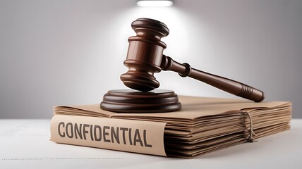Gavel resting on a stack of confidential documents tied with string