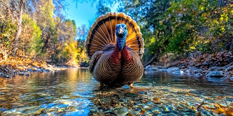Wild turkey strutting in a shallow stream. Autumn foliage surrounds the bird
