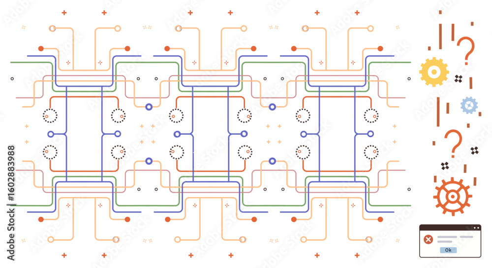 Poster interconnected lines and circuits with gears, question marks, and a browser interface. ideal for tec