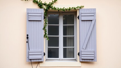 Obraz premium Light purple shutters on a cream-colored building.