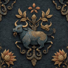 Intricate Illustration of Decorative Bull with Floral Elements Design
