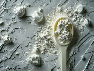 White flour in a measuring spoon on a textured surface