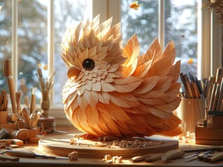 Wooden bird sculpture, sunlit workshop