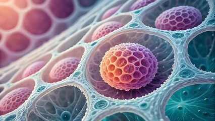 Intricate cellular structure with vibrant colors, perfect for illustrating medical breakthroughs, scientific research, or cutting-edge biotechnology advancements in a visually stunning way