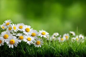 White daisies blooming in green grassy meadow under bright sunlight