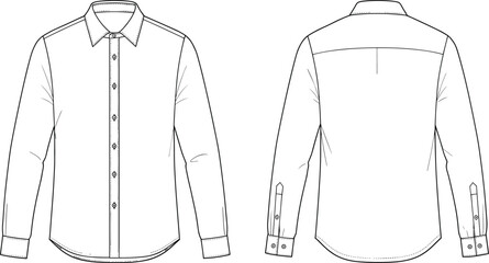 Men’s long sleeve shirt front and back, button-up, technical cad drawing, fashion sketch, vector template, flat illustration, outline view