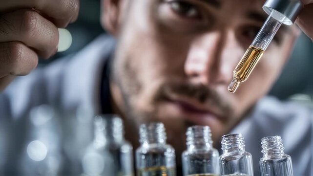 Closeup of a skincare chemists hands at work expertly measuring precise quantities of potent botanical extracts. The focused expression emphasizes the innovative process of formulating
