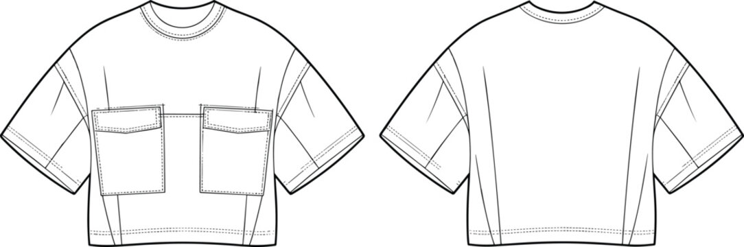 Oversized crop t-shirt flat sketch with dual front pockets, loose fit boxy style, fashion technical drawing for garment design