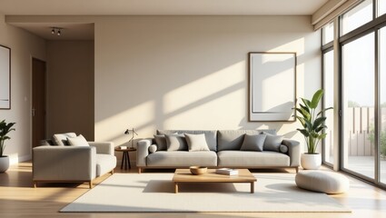 A modern living room interior design featuring a comfortable couch and armchairs.