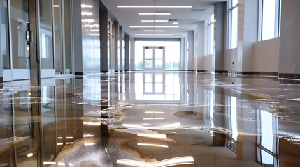 Glossy epoxy floor with embedded metallic flakes.